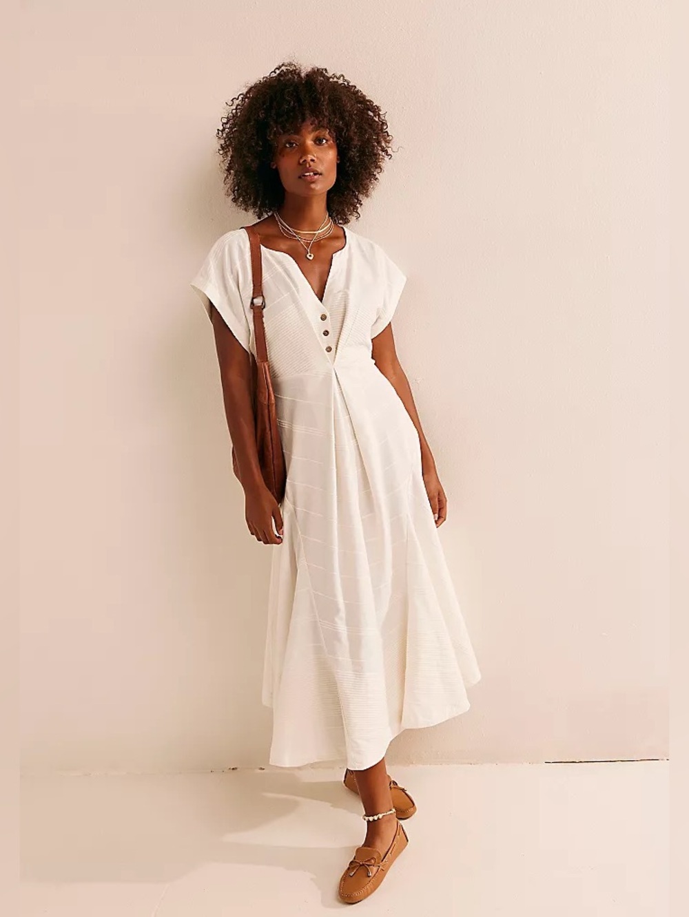 Free People White Midi Button-Front Dress